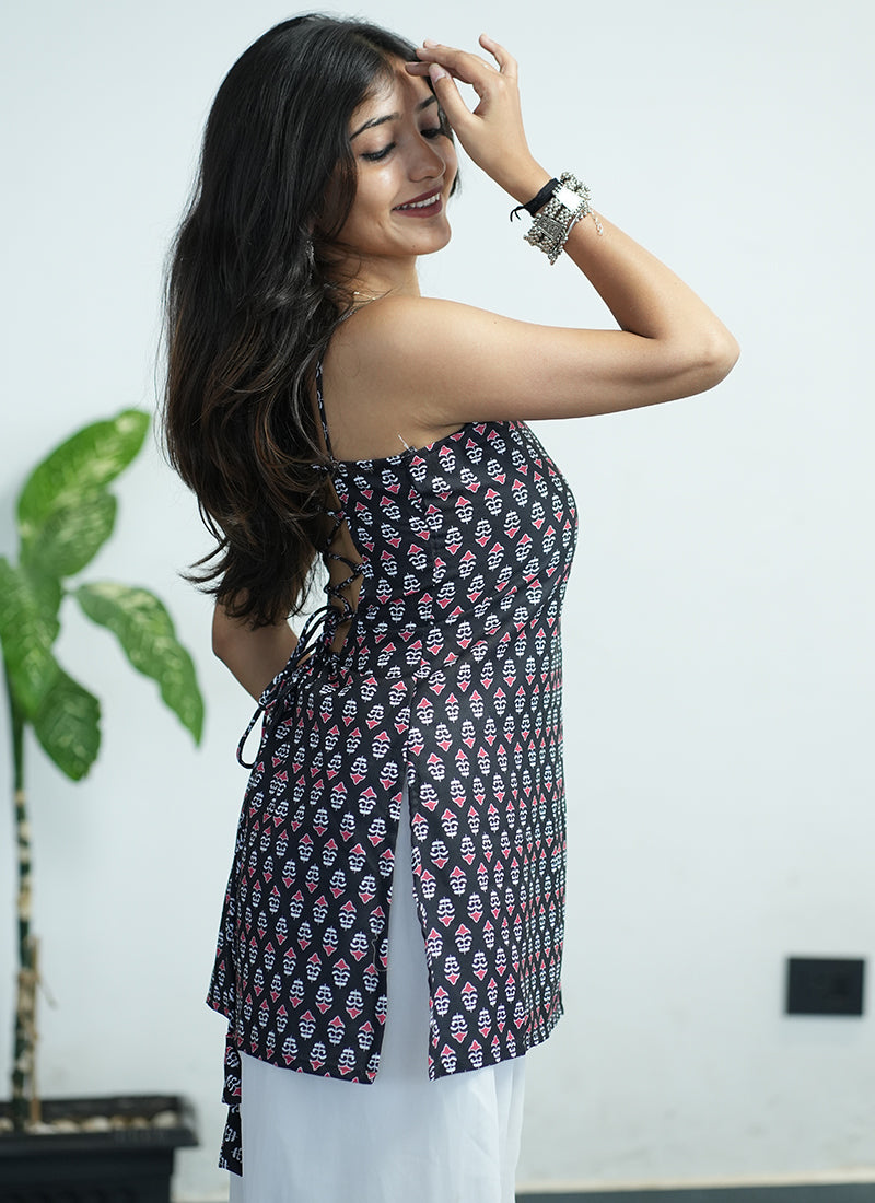 Black Printed Cotton Spaghetti Strap Kurti