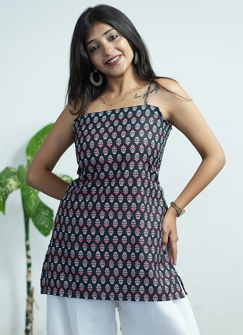 Black Printed Cotton Spaghetti Strap Kurti