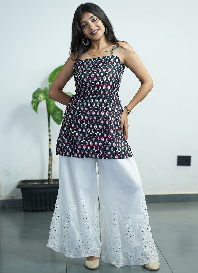 Black Printed Cotton Spaghetti Strap Kurti
