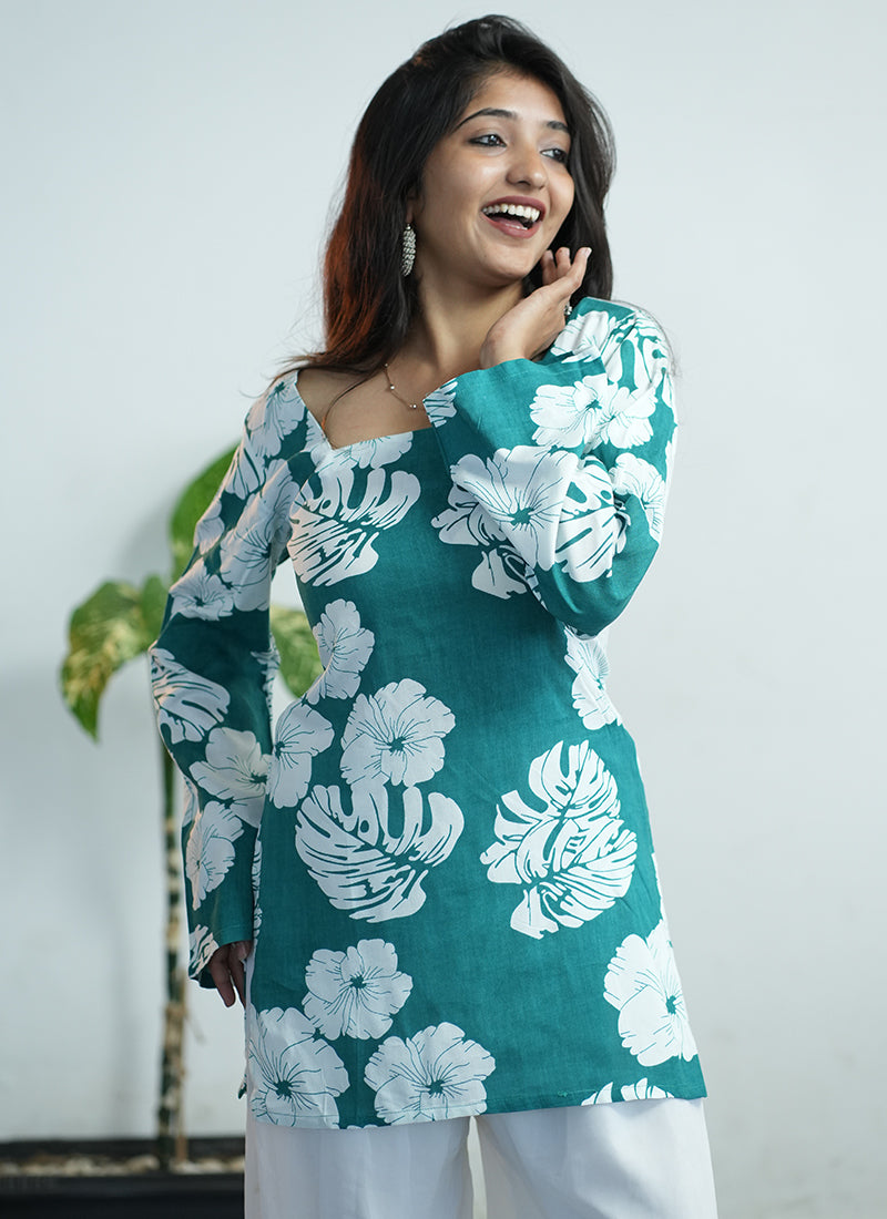 Teal Green Floral Printed Square Neck Cotton Kurti