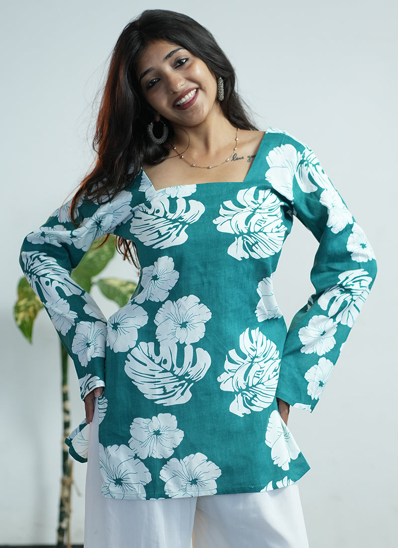 Teal Green Floral Printed Square Neck Cotton Kurti