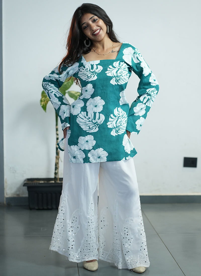 Teal Green Floral Printed Square Neck Cotton Kurti