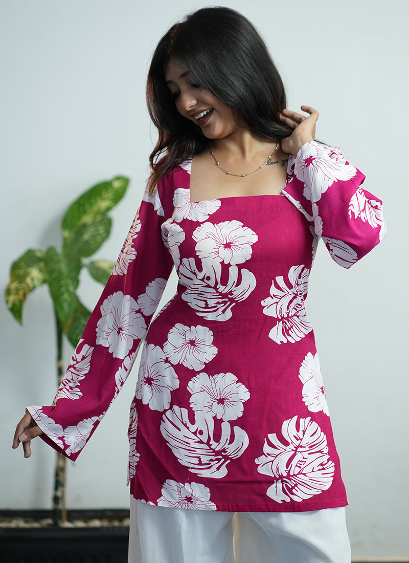 Pink Floral Printed Square Neck Cotton Kurti