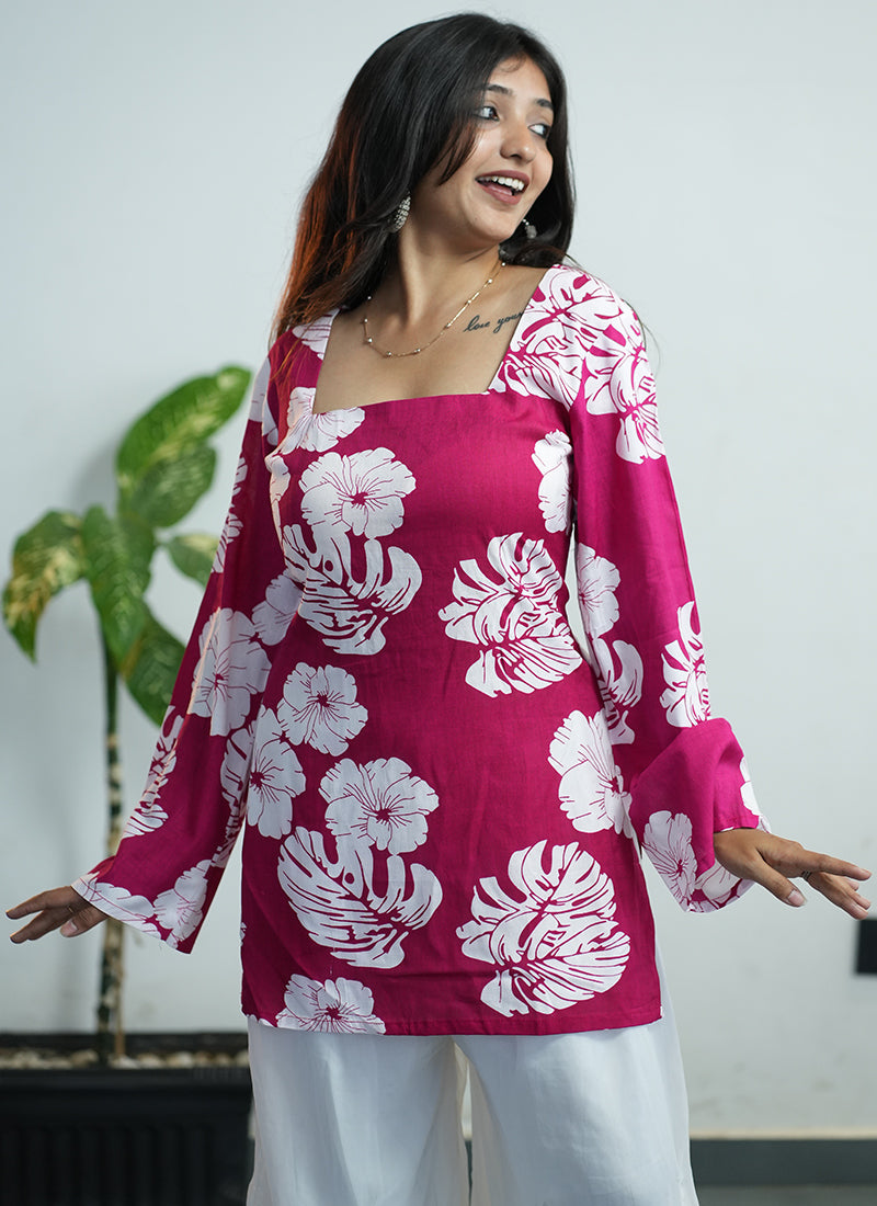 Pink Floral Printed Square Neck Cotton Kurti