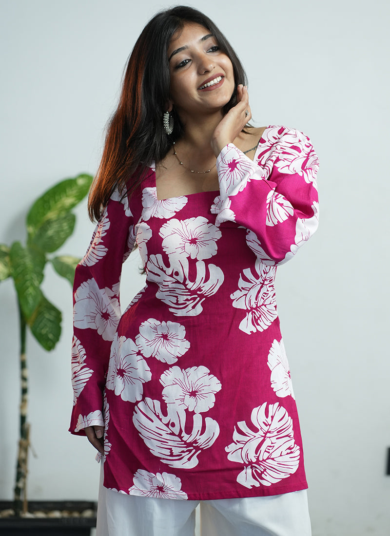 Pink Floral Printed Square Neck Cotton Kurti