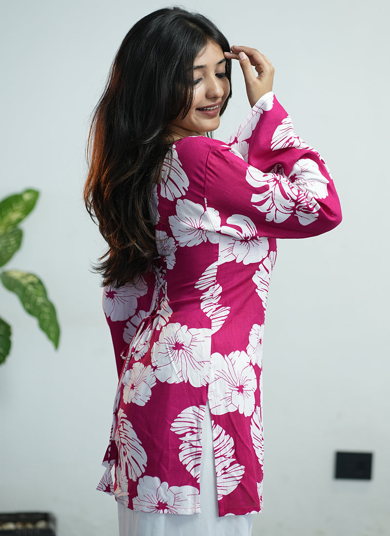 Pink Floral Printed Square Neck Cotton Kurti
