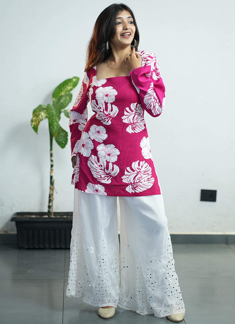 Pink Floral Printed Square Neck Cotton Kurti