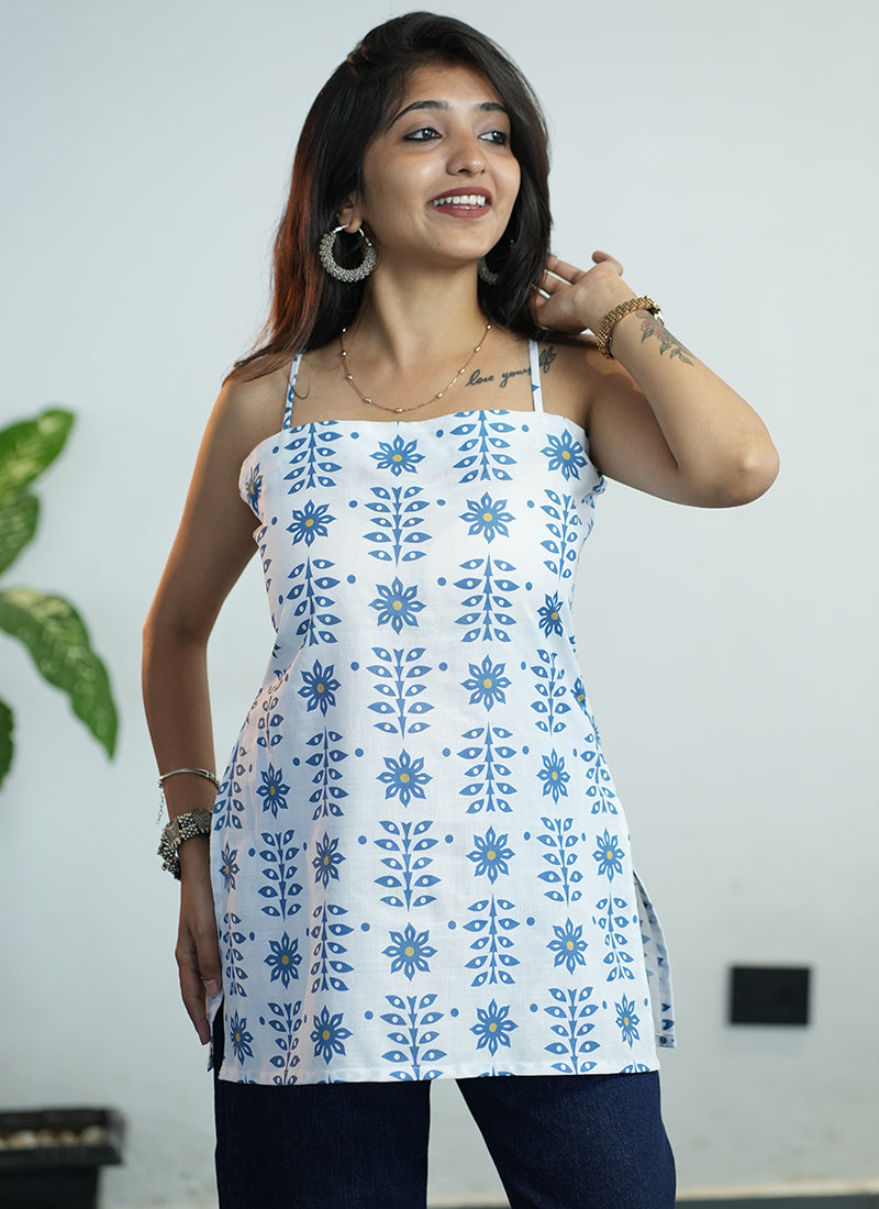 White Floral Printed Cotton Spaghetti Strap Kurti