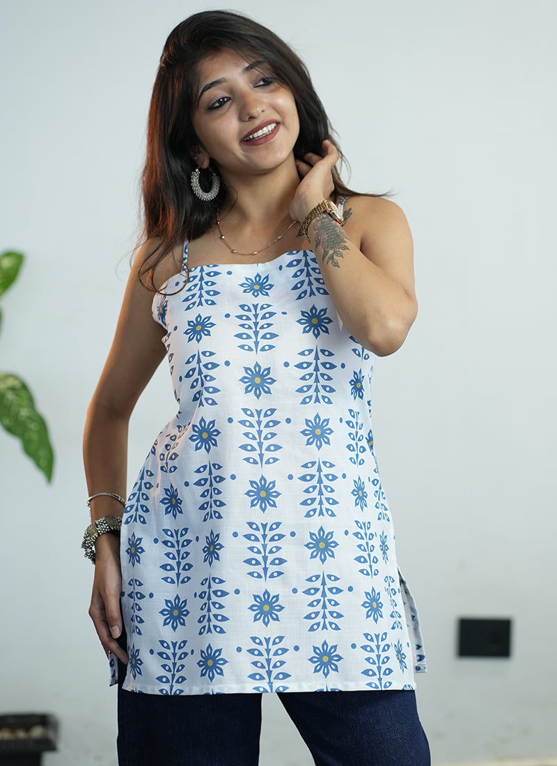 White Floral Printed Cotton Spaghetti Strap Kurti