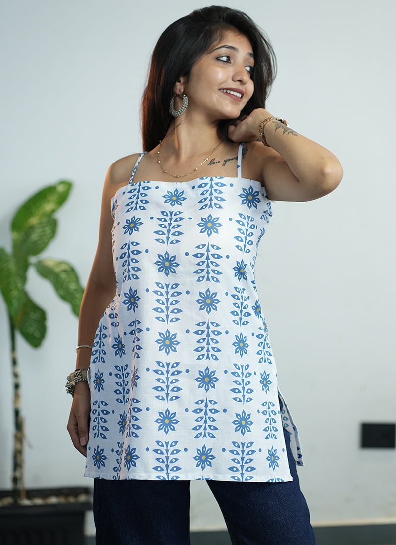 White Floral Printed Cotton Spaghetti Strap Kurti