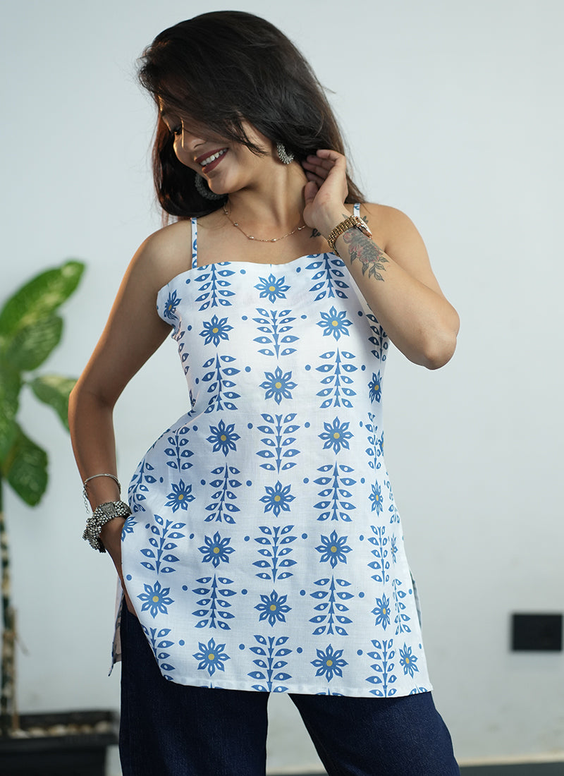 White Floral Printed Cotton Spaghetti Strap Kurti