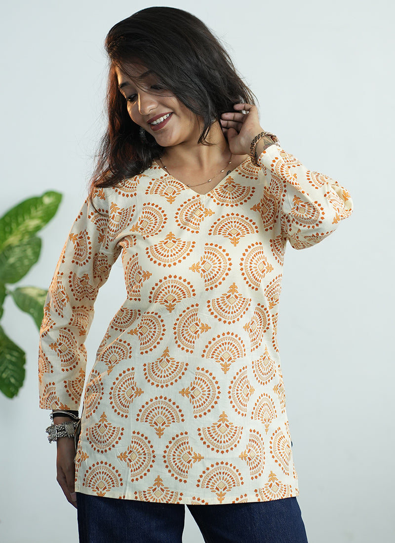 Cream And Yellow Printed Cotton V Neck Kurti
