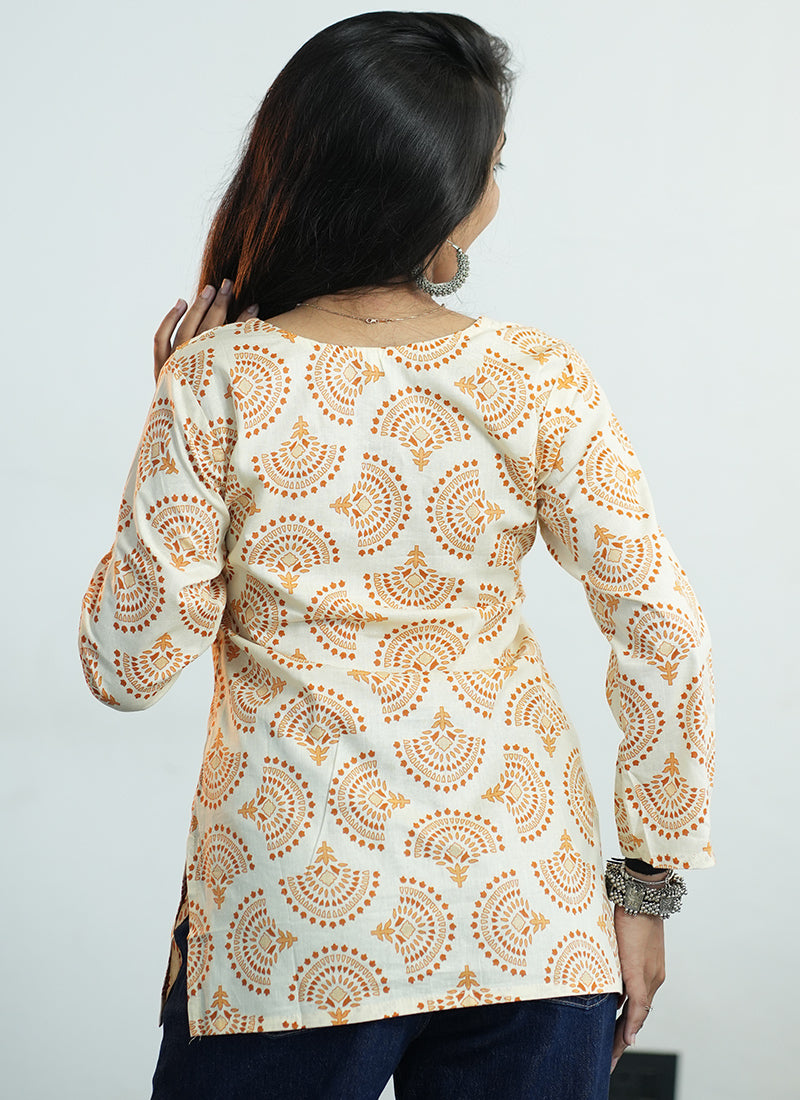 Cream And Yellow Printed Cotton V Neck Kurti