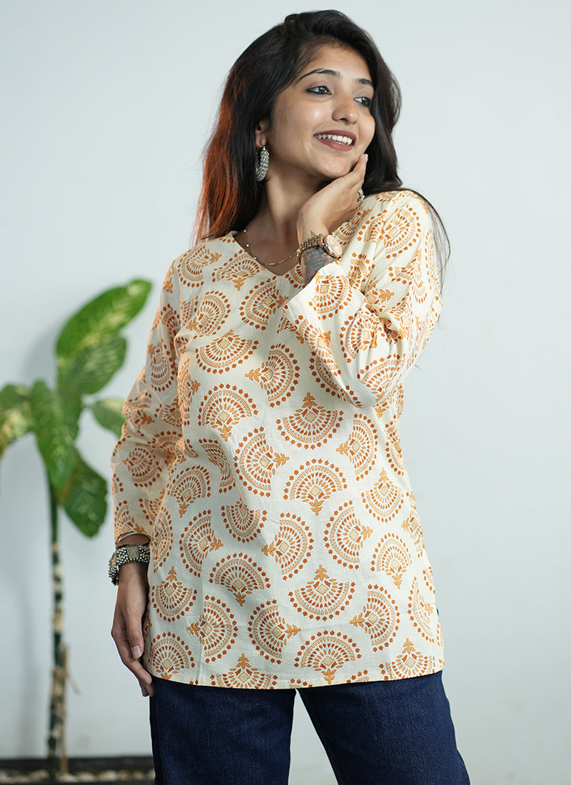 Cream And Yellow Printed Cotton V Neck Kurti