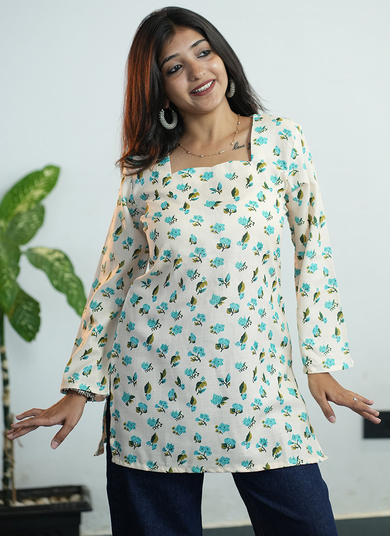 Off White Floral Digital Printed Cotton Kurti
