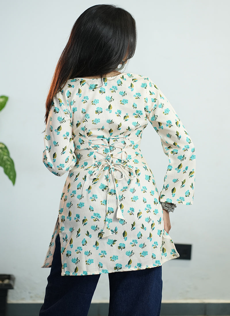Off White Floral Digital Printed Cotton Kurti