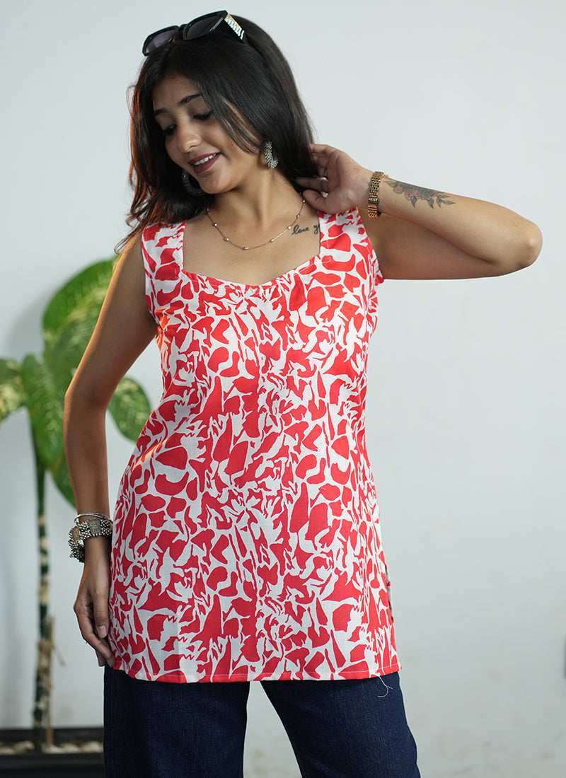 Red And White Printed Cotton Sleeveless Kurti