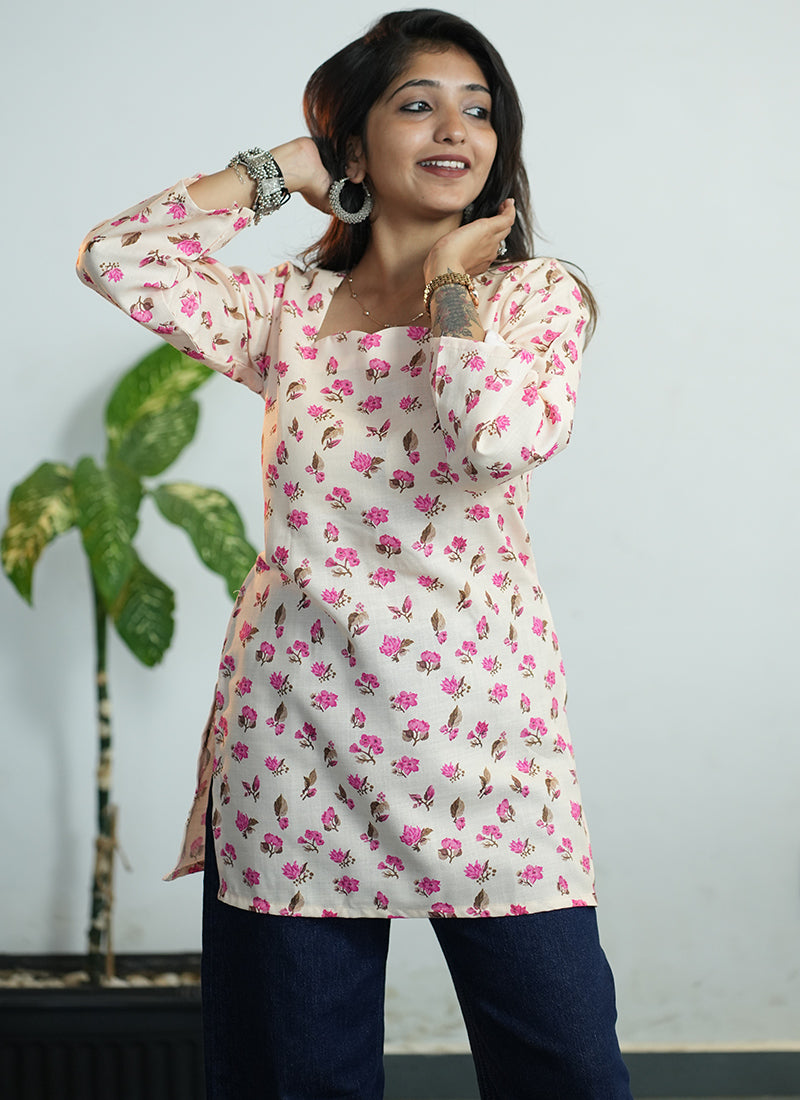 Off White And Pink Floral Printed Cotton Kurti