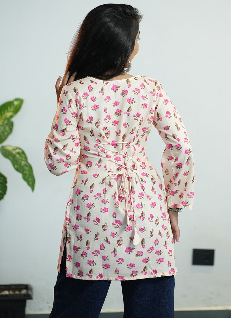 Off White And Pink Floral Printed Cotton Kurti