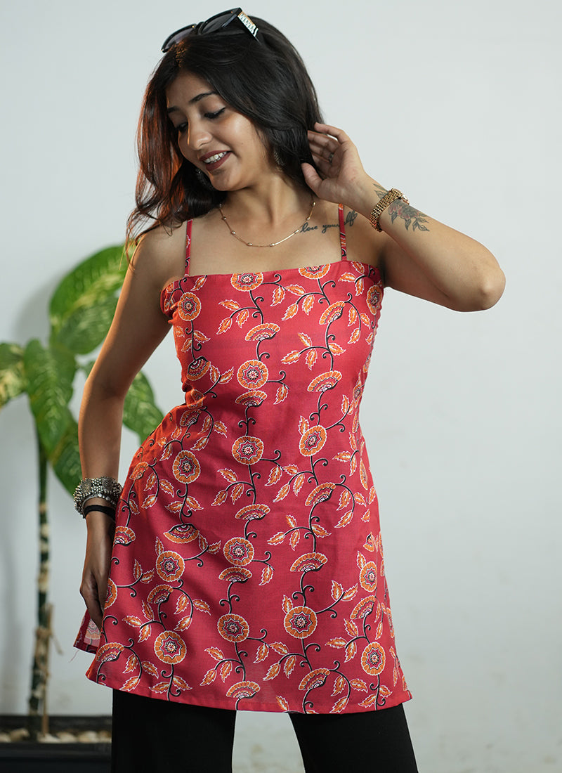 Red Floral Print Cotton Spaghetti Strap Short Kurti