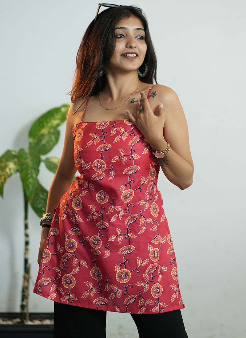 Red Floral Print Cotton Spaghetti Strap Short Kurti