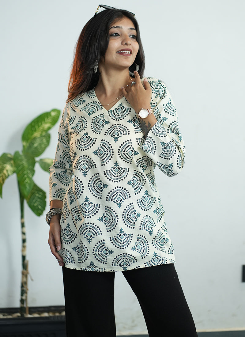 Cream And Green Printed Cotton V Neck Kurti