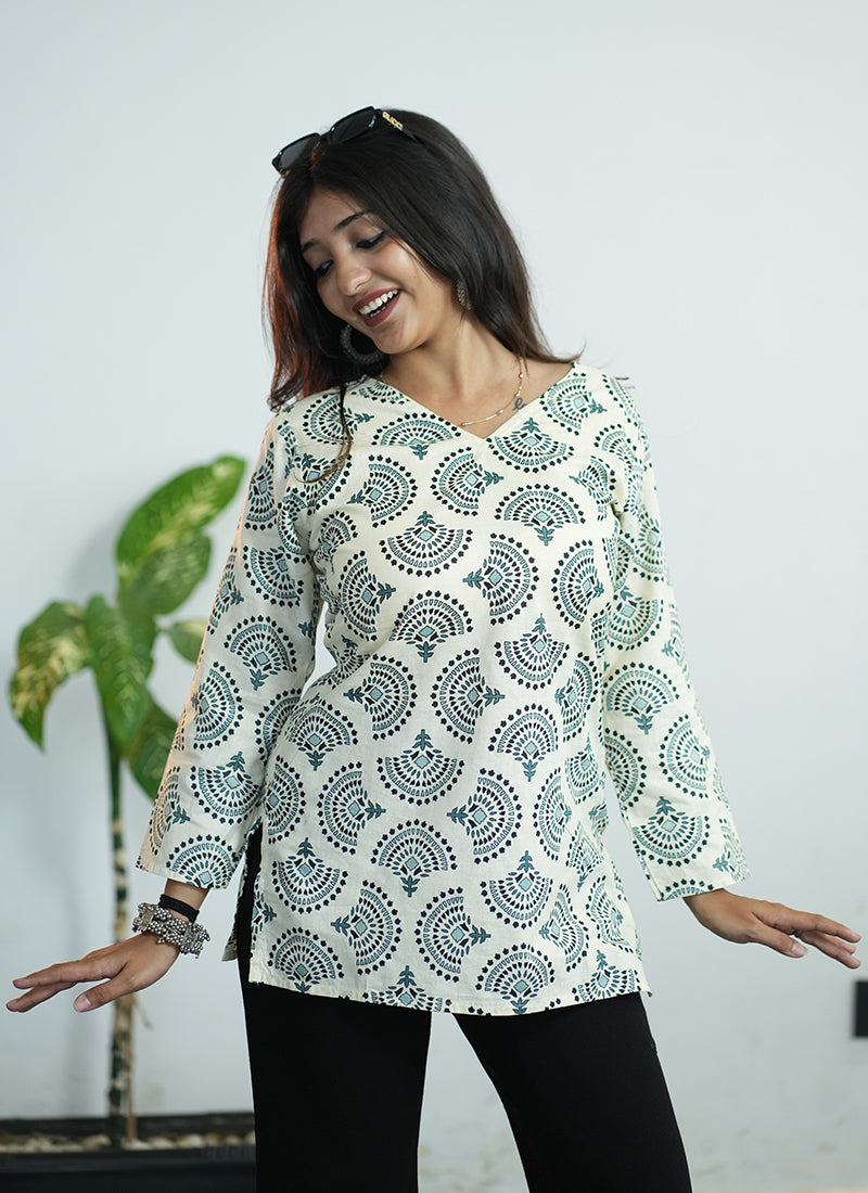 Cream And Green Printed Cotton V Neck Kurti