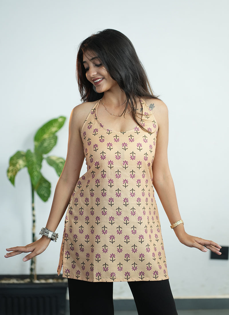 Peach Cotton Halter Neck Printed Kurti