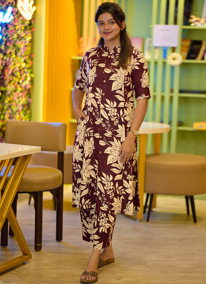 Coffee Pure rayon casual cord-set