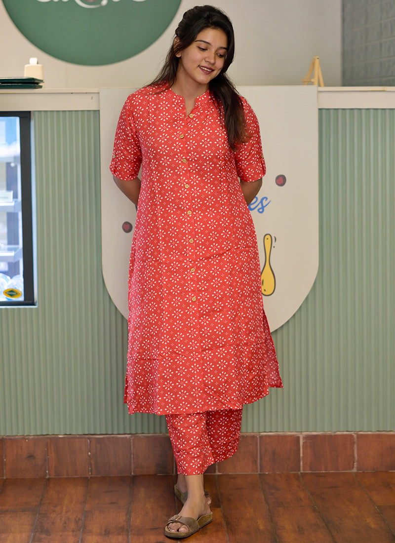 Orange printed rayon cord set