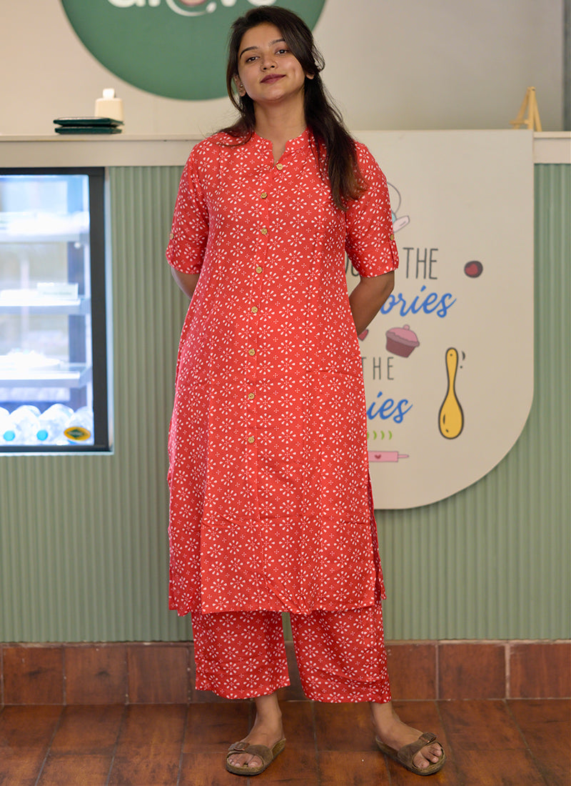 Orange printed rayon cord set
