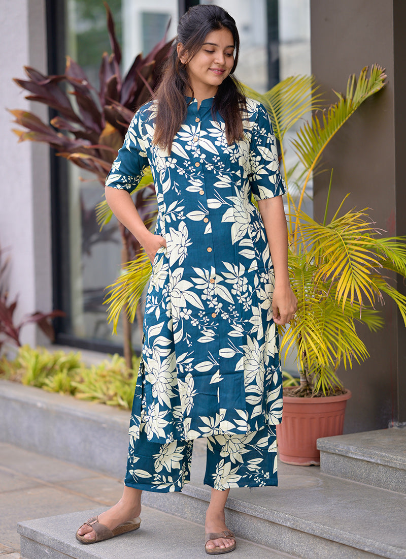 Blue Rayon cotton printed cord set