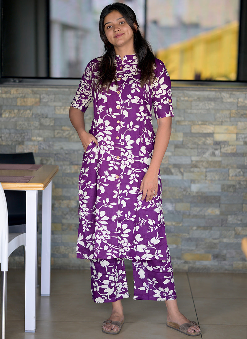 Purple Rayon Flower Printed Casual Wear Cord-set