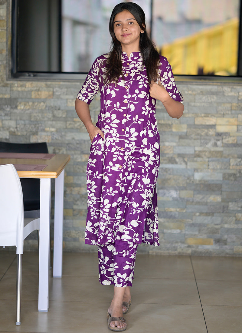 Purple Rayon Flower Printed Casual Wear Cord-set