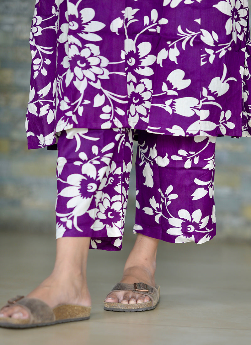 Purple Rayon Flower Printed Casual Wear Cord-set