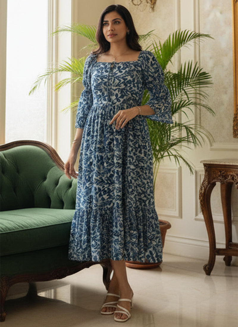 Blue Leaf Printed Georgette Outwear Midi Dress