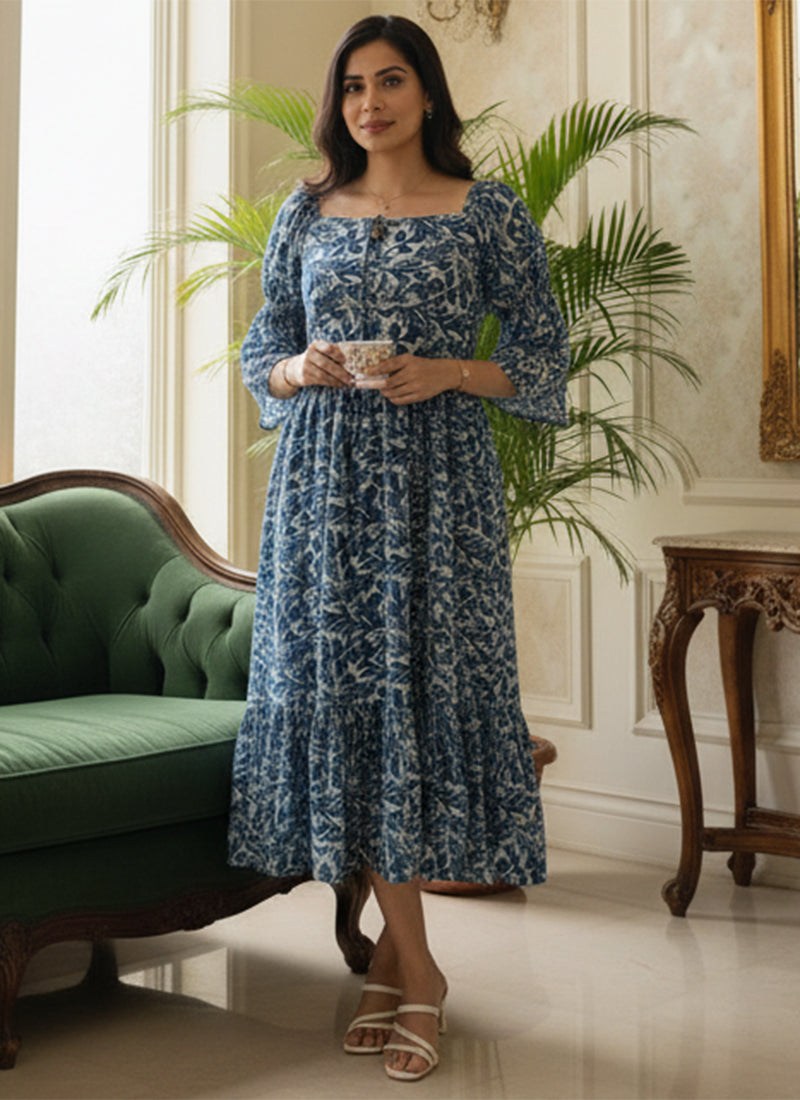 Blue Leaf Printed Georgette Outwear Midi Dress