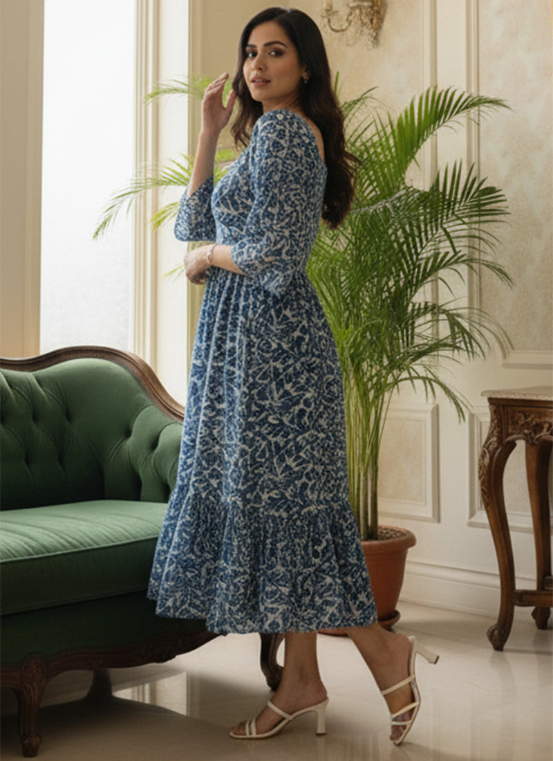 Blue Leaf Printed Georgette Outwear Midi Dress