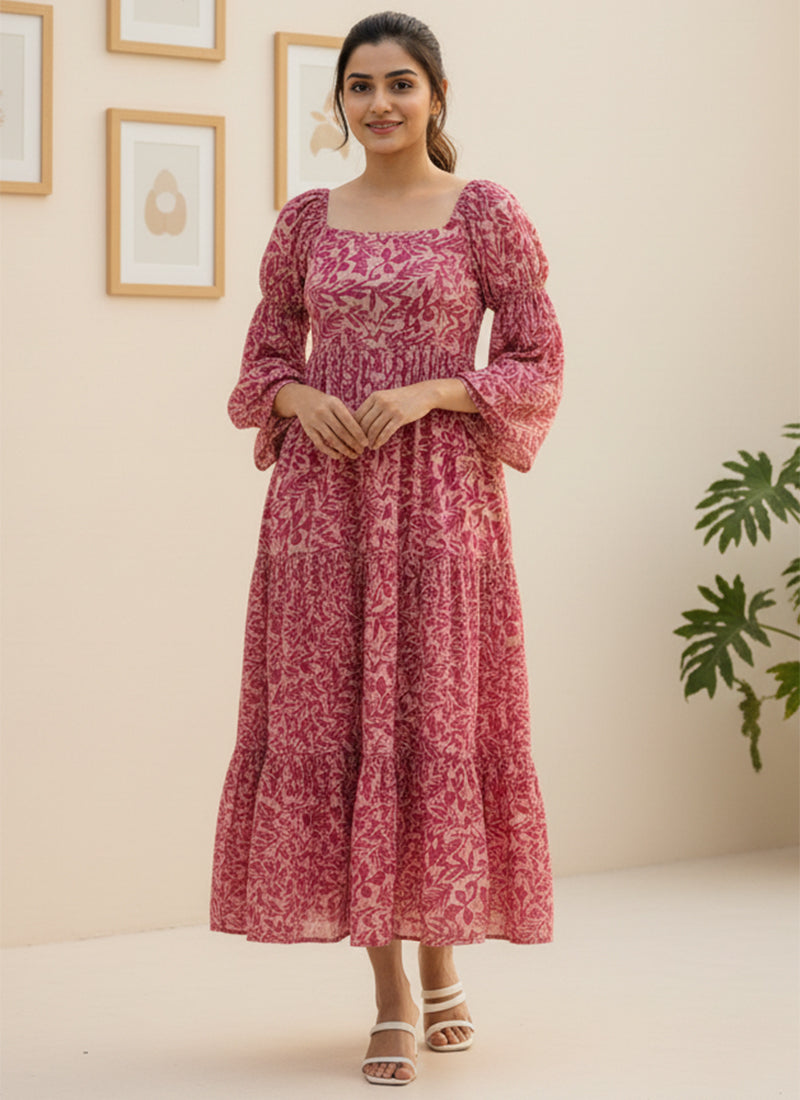 Dark Pink Leaf Printed Georgette Outwear Midi Dress