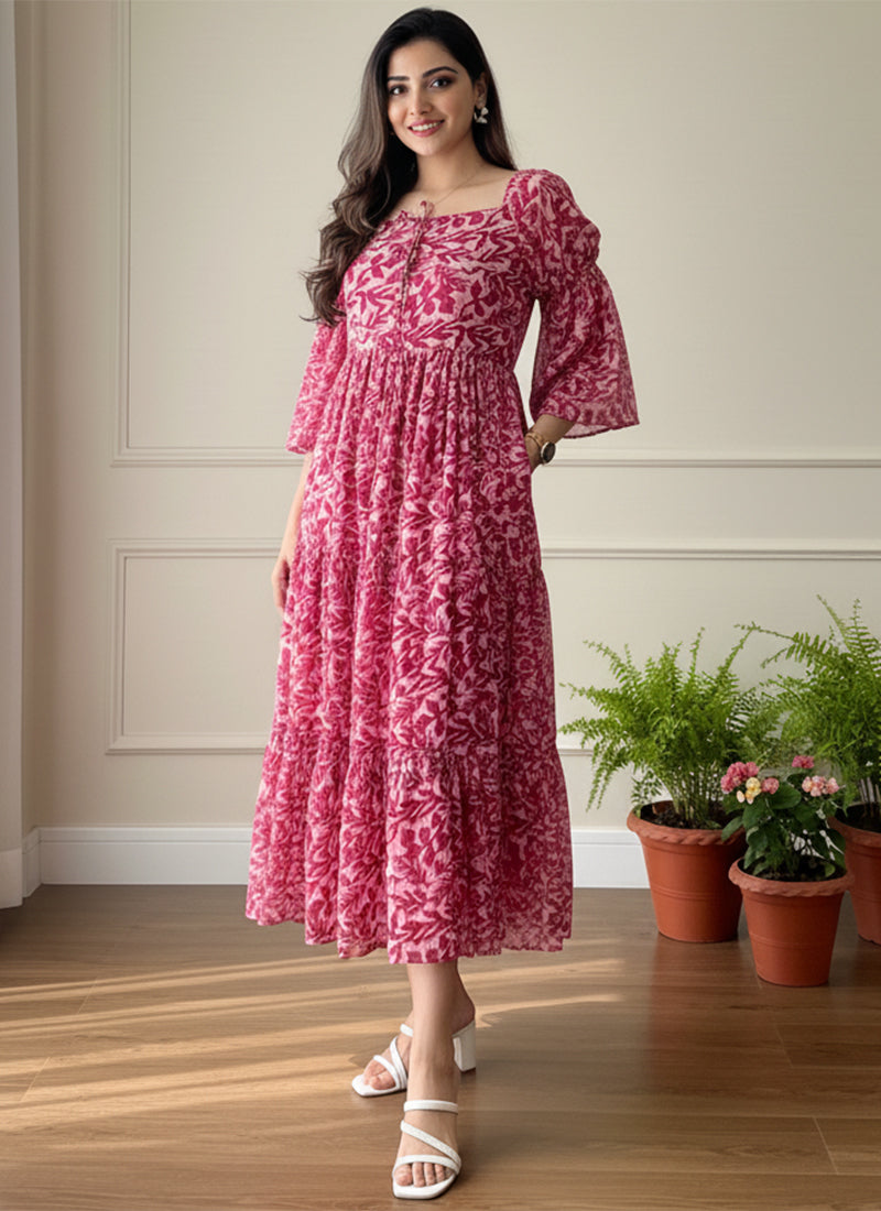Dark Pink Leaf Printed Georgette Outwear Midi Dress