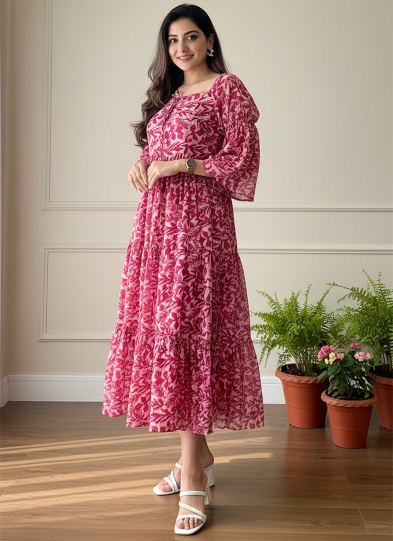 Dark Pink Leaf Printed Georgette Outwear Midi Dress