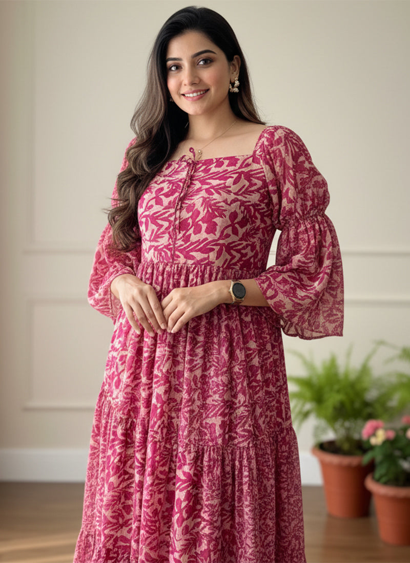 Dark Pink Leaf Printed Georgette Outwear Midi Dress