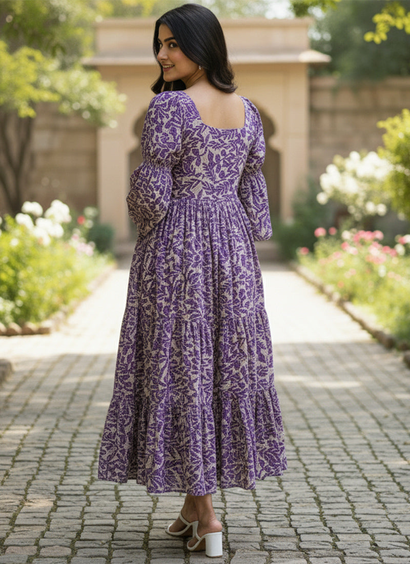 Purple Leaf Printed Georgette Outwear Midi Dress