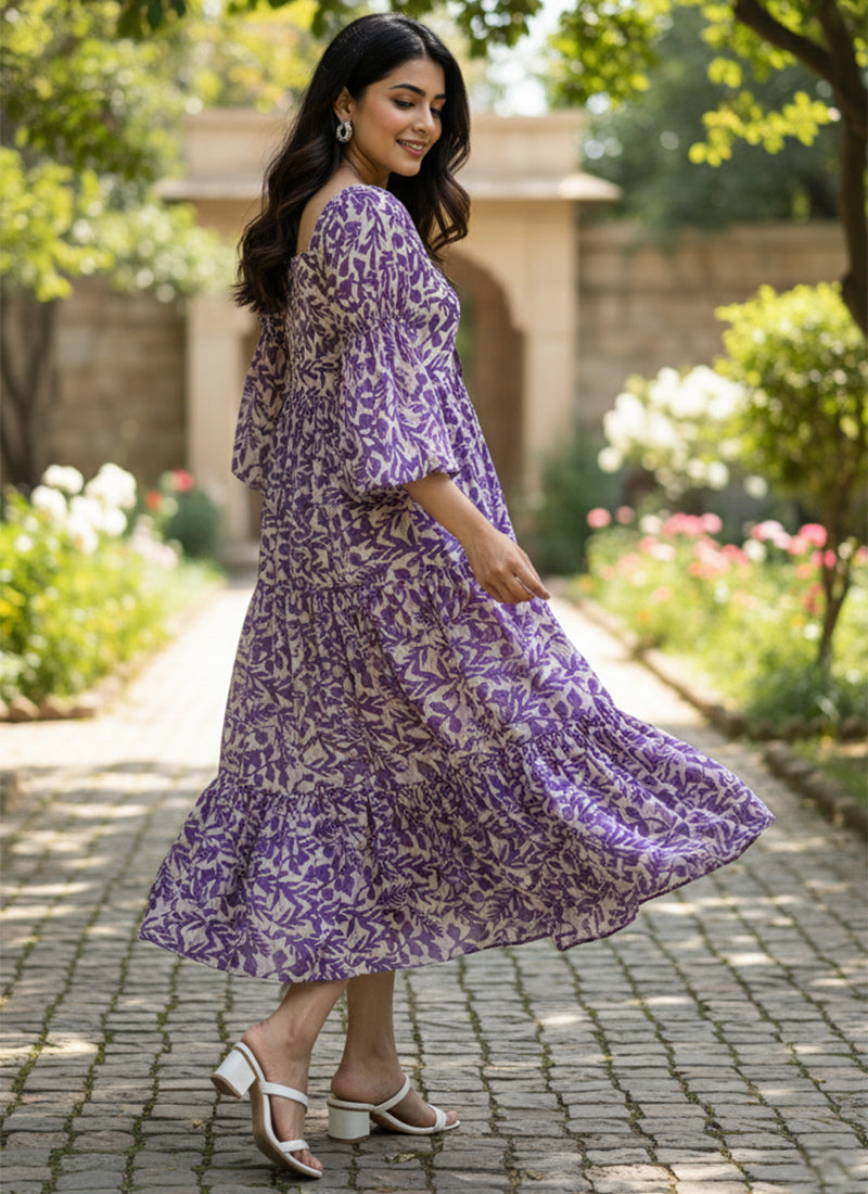 Purple Leaf Printed Georgette Outwear Midi Dress