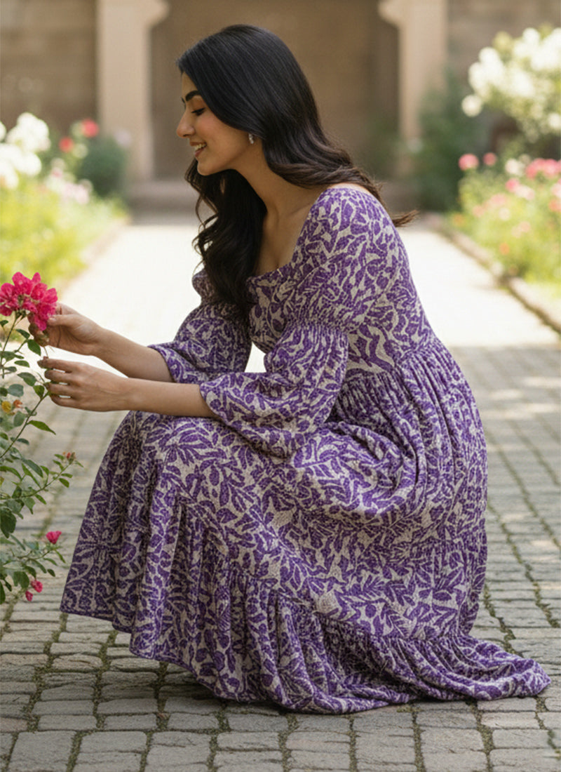 Purple Leaf Printed Georgette Outwear Midi Dress