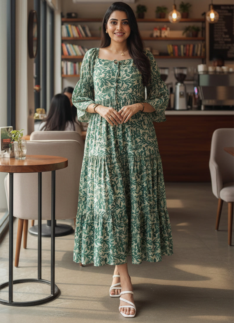 Green Leaf Printed Georgette Outwear Midi Dress