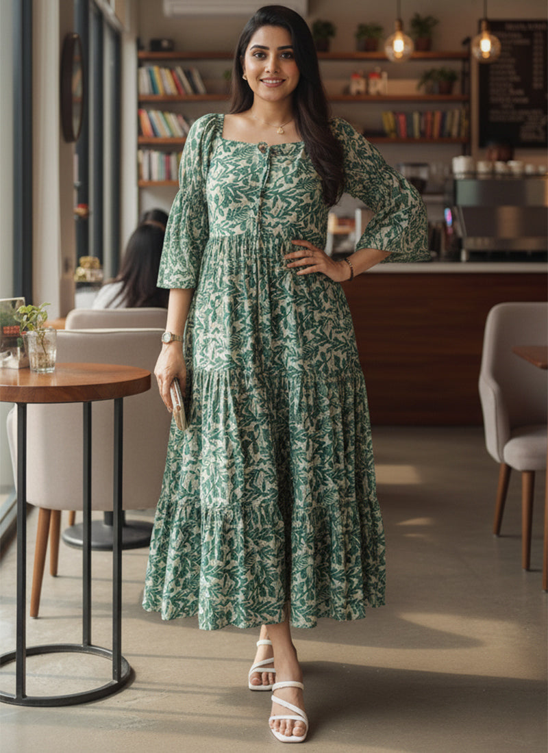 Green Leaf Printed Georgette Outwear Midi Dress