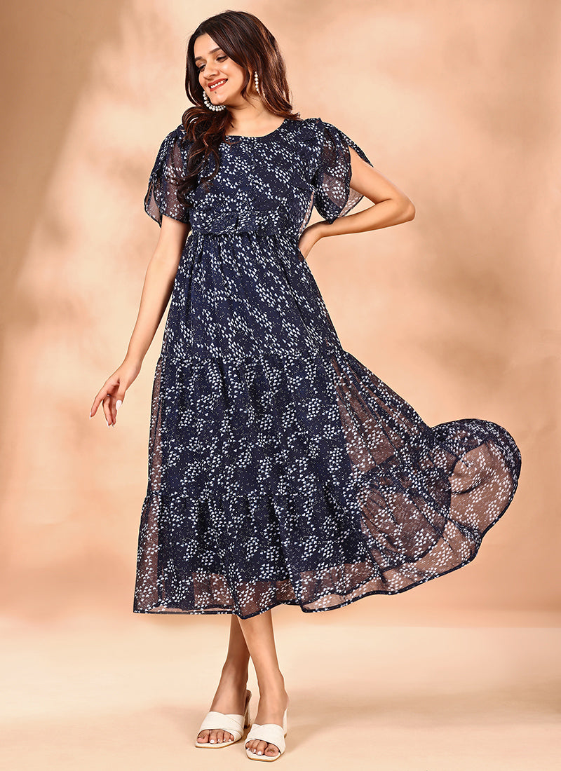 Fabulous Blue Georgette Printed Maxi Dress