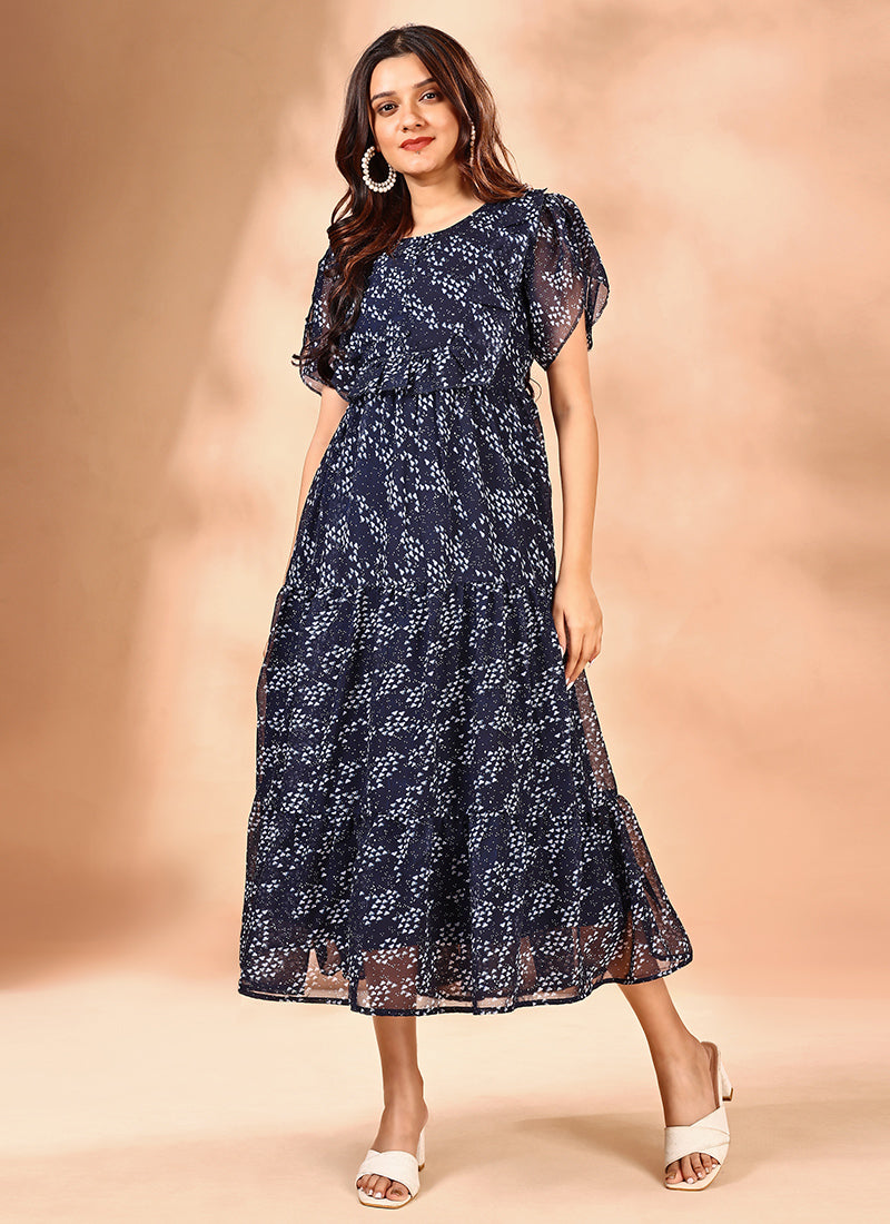 Fabulous Blue Georgette Printed Maxi Dress