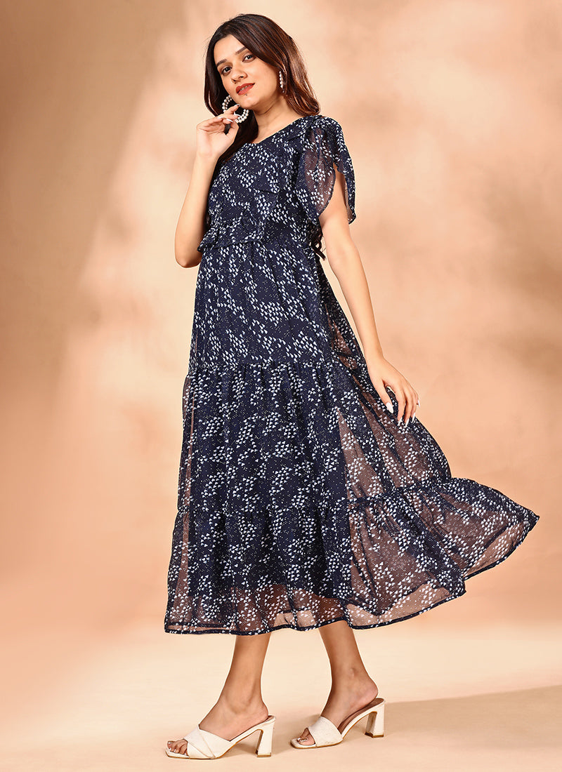 Fabulous Blue Georgette Printed Maxi Dress